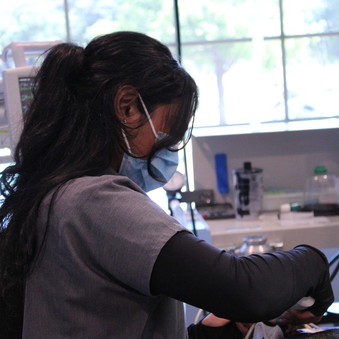 female vet tech assisting with pet surgery
